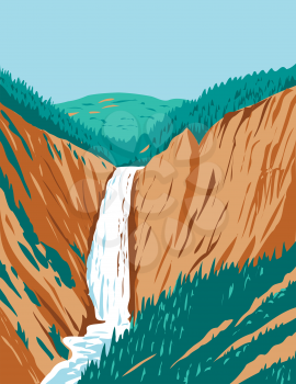 WPA poster art of the Lower Yellowstone Falls within Yellowstone National Park located in Wyoming, United States done in works project administration style or federal art project style.