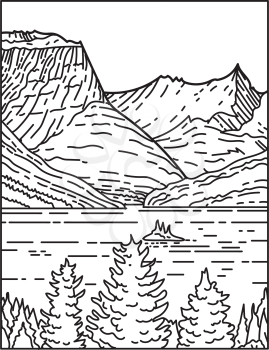 Mono line illustration of Saint Mary Lake and Wild Goose Island in Glacier National Park located in the state of Montana United States of America done in retro black and white monoline line art style.
