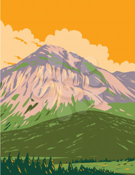Art Deco or WPA poster of Swiss National Park with Piz Nair and Buffalora in the Western Rhaetian Alps in eastern Switzerland done in works project administration style.