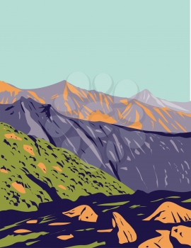 Art Deco or WPA poster of Val Grande National Park located in Piedmont in the north of Italy done in works project administration style.
