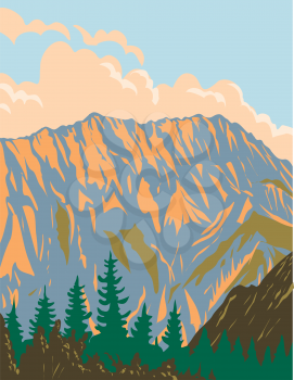 Art Deco or WPA Poster of Gesause National Park located in the mountainous Upper Styrian region within the Ennstal Alps in Styria, Austria done in works project administration style.