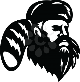 Mascot illustration of head of an American mountain man, frontiersman, explorer or trapper looking to side wearing furry felt hat on isolated white background in retro style.