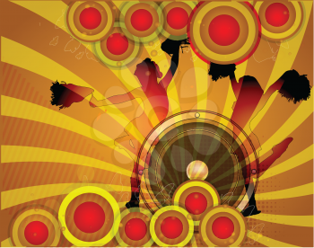Royalty Free Clipart Image of an Abstract Background With Girl Cheerleaders