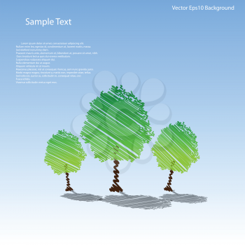 Royalty Free Clipart Image of a Three Trees on a Blue Background