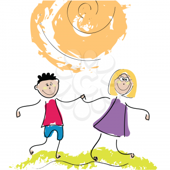 Royalty Free Clipart Image of Two Children Outside