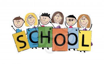 Royalty Free Clipart Image of Children Holding a School Sign