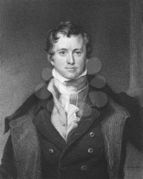 Royalty Free Photo of Humphrey Davy (1810-1876) on engraving from the 1800s. British chemist and inventor. Engraved by E. Scriven and published in London by Charles Knight, Pall Mall East.