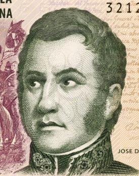Royalty Free Photo of Jose de San Martin on 5 Pesos 2003 Banknote from Argentina. General and prime leader of the south part of South America's successful struggle for independence against Spain.