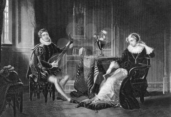 Royalty Free Photo of Mary Stuart and Chatelar romance scene on engraving from the 1800s. Engraved by J.C.Armytage after a painting by H.Fradelle.