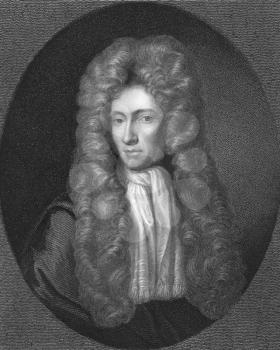 Royalty Free Photo of Robert Boyle (1627-1691) on engraving from the 1800s. Irish natural philosopher, chemist, physicist, inventor and gentleman scientist, also noted for his writings in theology. On