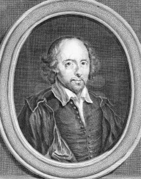 Royalty Free Photo of William Shakespeare (1564-1616) on engraving from the 1700s. English poet and playwright, widely regarded as the greatest writer in the English language. Drawn by B.Arlaud and en