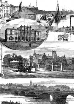 Views from Belfast on engraving from 1800s. From top to bottom: 1)The Quay, 2)Presbyterian College, 3)Methodist College, 4)Queen's Bridge.