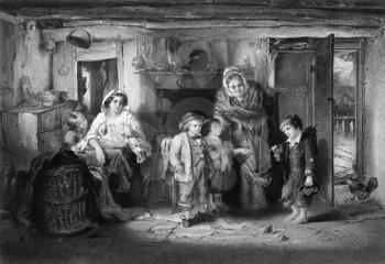 Poor orphan boy begs at cottage door on engraving from 1866. Engraved by P.Lightfoot after a painting by T.Faed.