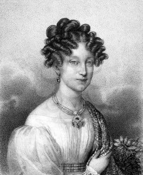 Marie Louise, Duchess of Parma (1791-1847) on engraving from 1859. Second wife of Napoleon I. Engraved by unknown artist and published in Meyers Konversations-Lexikon, Germany,1859.
