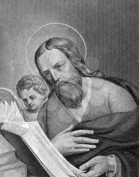 Saint Matthew on engraving from 1859. One of the twelve Apostles of Jesus and one of the four Evangelists. Engraved by C.Barth and published in Meyers Konversations-Lexikon, Germany,1859.
