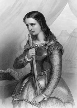 Joan of Arc (1412-1431) on engraving from 1858. Folk heroine of France and a Roman Catholic saint. Engraved by W.H.Mote and published in World Noted Women'',USA,1858.