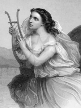 Sappho (630/612-570 BC) on engraving from 1858. Ancient Greek lyric poet. Engraved by F.Holl  and published in World Noted Women'',USA,1858.