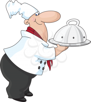 Royalty Free Clipart Image of a Cook With a Domed Tray