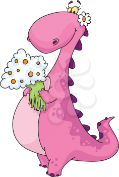Royalty Free Clipart Image of a Lady Dinosaur With a Bouquet of Flowers