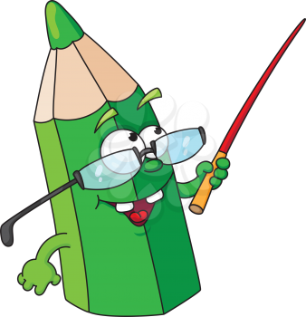 Royalty Free Clipart Image of a Green Pencil With Glasses and a Pointer