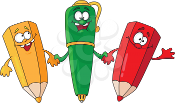 Royalty Free Clipart Image of a Green Pen Holding Hands With Two Pencils