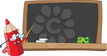 Royalty Free Clipart Image of a Pencil With a Pointer at a Chalkboard
