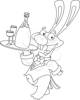 illustration of a funny rabbit waiter outlined