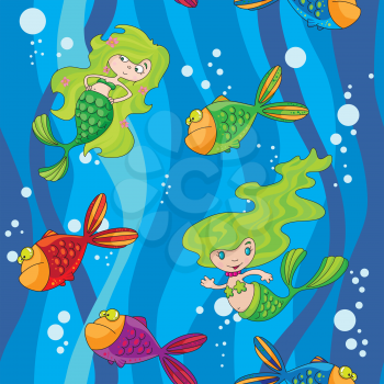 illustration of a seamless mermaids fish in water with waves
