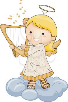 Royalty Free Clipart Image of an Angel Playing a Harp