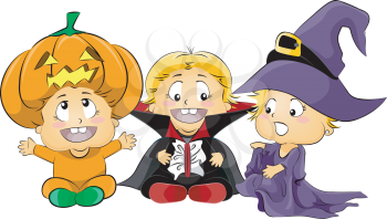 Royalty Free Clipart Image of Three Children in Halloween Costumes