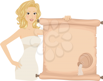 Royalty Free Clipart Image of a Woman Beside a Scroll With a Pitcher Pouring Water