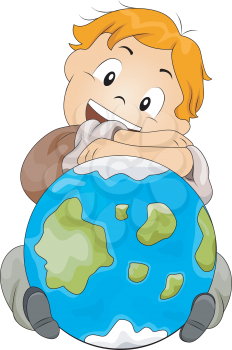 Royalty Free Clipart Image of a Boy Hugging a Globe