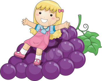Royalty Free Clipart Image of a Girl on a Large Cluster of Grapes
