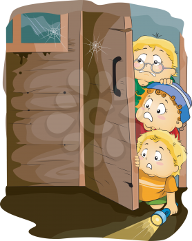 Royalty Free Clipart Image of Children Looking Frightened to Enter a Door