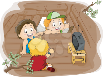 Royalty Free Clipart Image of Kids in a Treehouse Watching TV