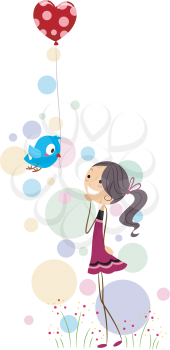 Royalty Free Clipart Image of a Little Bird Delivering a Heart Balloon to a Girl