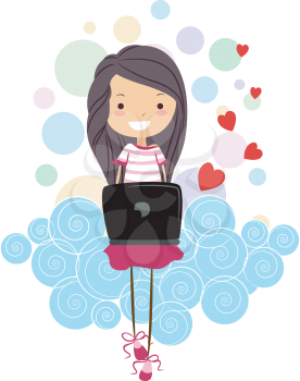 Royalty Free Clipart Image of a Girl With Hearts Sitting on a Cloud With a Laptop