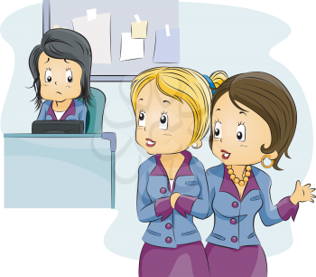 Royalty Free Clipart Image of Two Women Talking and Looking Back at Another Woman