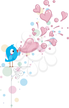 Royalty Free Clipart Image of a Bluebird Blowing Heart Bubbles