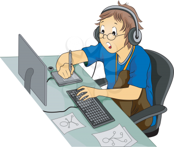 Royalty Free Clipart Image of a Person at a Computer With Headphones