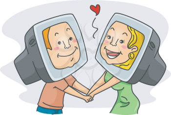 Royalty Free Clipart Image of Two People With Computers on Their Heads Holding Hands