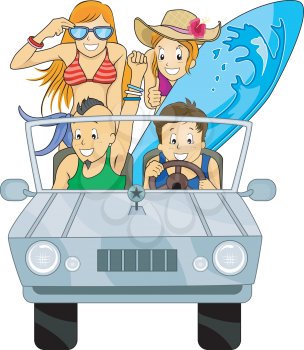 Royalty Free Clipart Image of a Group of Teens in a Jeep Going Surfing