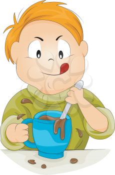 Royalty Free Clipart Image of a Boy Stirring a Chocolate Drink