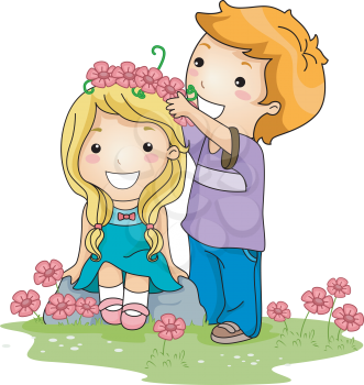 Royalty Free Clipart Image of a Boy Putting a Flower Crown on a Girl's Head