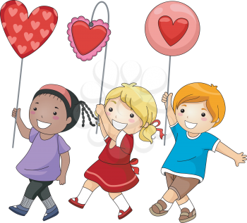Royalty Free Clipart Image of Children With Valentine Balloons
