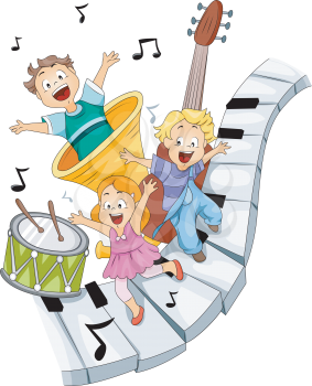 Royalty Free Clipart Image of Children With Musical Instruments on a Keyboard