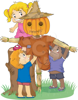 Royalty Free Clipart Image of Children Making a Scarecrow