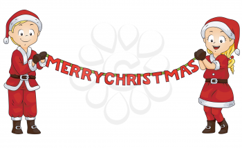 Royalty Free Clipart Image of a Santa Couple Holding a Merry Christmas Banner