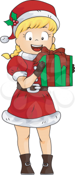 Royalty Free Clipart Image of a Girl in a Santa Dress Carrying a Gift