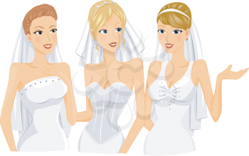 Royalty Free Clipart Image of Three Women in Bridal Gowns